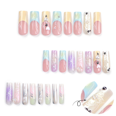 Long French Tip Press on Nails, 3D Pearl Fake Nails, Colorful Full Cover Acrylic Nails, Glossy Extra Long Stick on