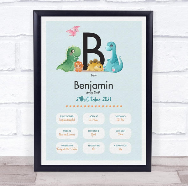 The Card Zoo New Baby Birth Details Christening Nursery Dinosaur Initial B Gift Print