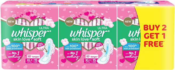 WHISPER Ultra Skinlove Sanitary Pads for Women | 45 Thin XL+ Pads |