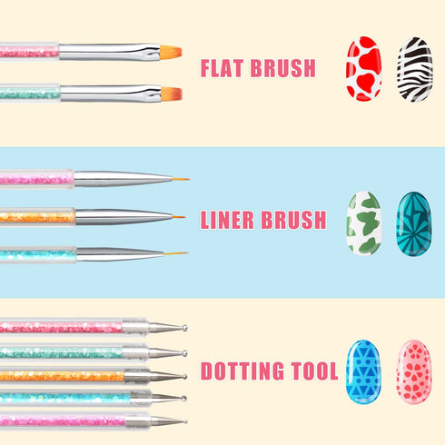 TEOYALL Double-Ended Nail Art Brushes, 5 PCS Nail Design Tools Kit with Nail Liner Brush and Dotting Pens