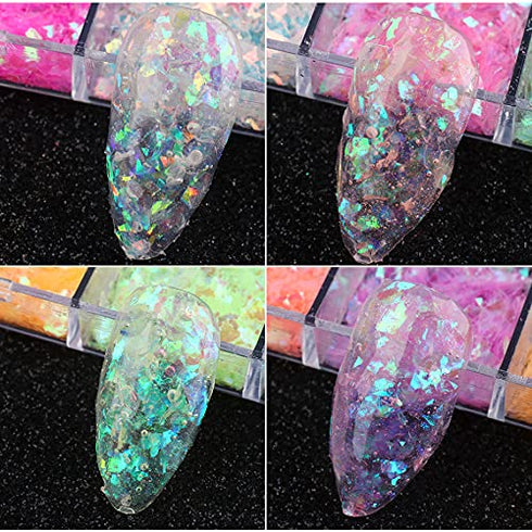 Mermaid Flake Nail Glitter Sequins, CHANGAR Iridescent Ice Slag Colorful Fluorescent Glass Paper Nail Sticker