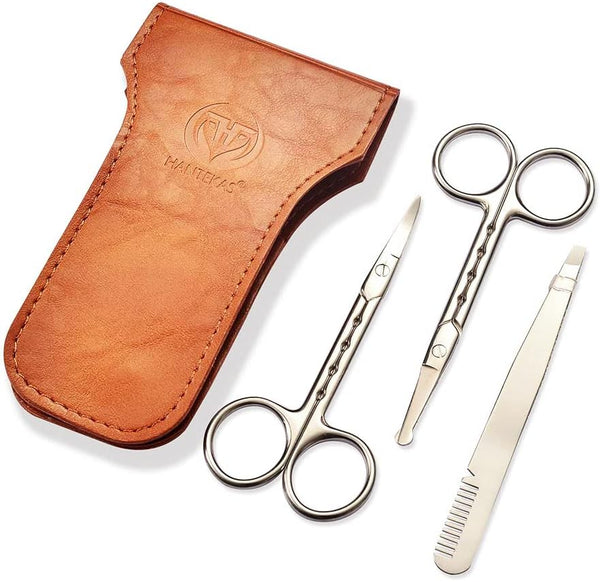 Professional Stainless Steel Facial Hair Scissors & Tweezers Set for Men, Moustache, Beard, Eyebrows