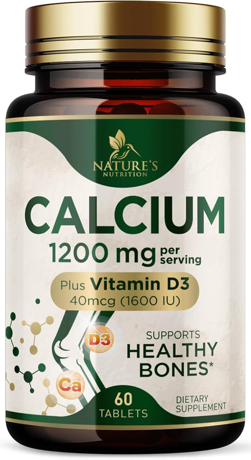 Calcium 1200 mg with Vitamin D3, Calcium Supplement for Bone Strength, Teeth & Immune System, 60 Tablets