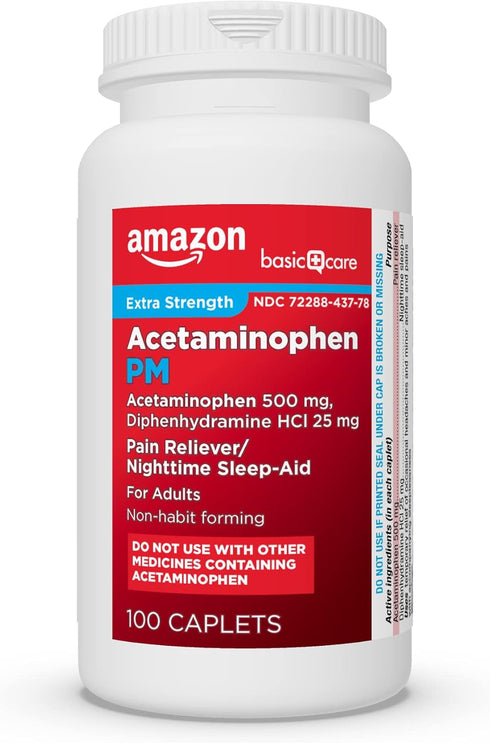 Amazon Basic Care Acetaminophen PM Caplets, Pain Reliever Plus Nighttime Sleep Aid, 100 Count