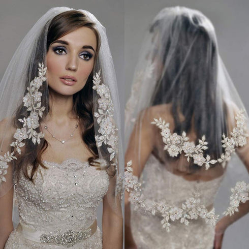 Kercisbeauty Wedding Bridal Lace Veil with Hair Comb, Double Layer Appliques Edge, Ivory