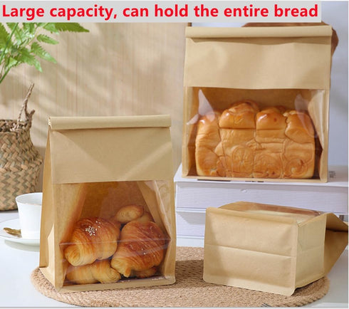 NatureMan 50 Pack Window,11x8.7x3.9inch Packaging (50, Bakery Bags with Resealable Brown Kraft Paper Bread Storage Bags