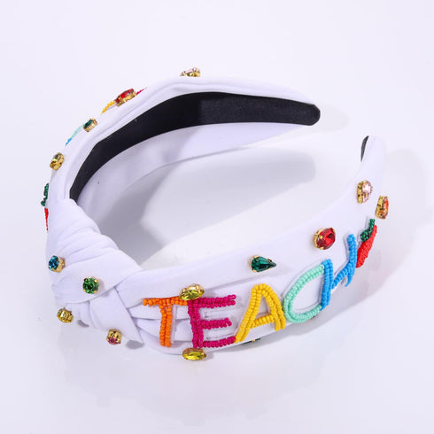 NVENF Teacher Headband for Women Crystal Pearl Knotted Headband Rhinestone Beaded FRI-YAY Embellished Top Knot Headband Back To School Teacher Accessories Teacher Appreciation Gifts (TEACH)