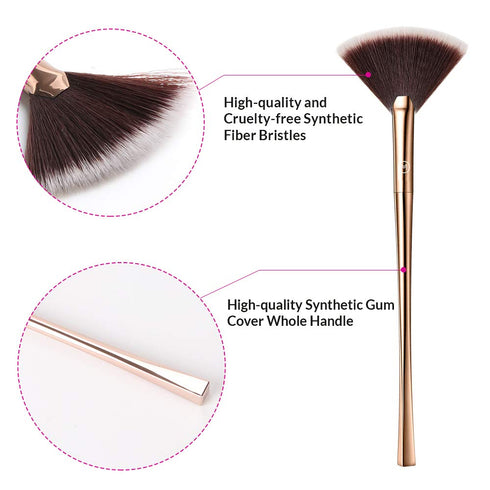 Fan Makeup Brush for Highlighter, Blush, Flutty & Powder Cosmetic Tool with Long Handle & Anti-Champagne Gold Brush