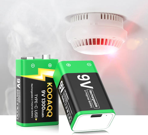 KOOAQQ 6-Pack 9v 2 1 1300mAh 9 Rechargeable Batteries, USB-C Recharge with in Charging Cable, Volt Lithium Quare