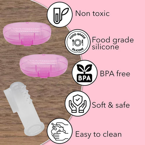 Baby Finger Toothbrush Set of 2, Silicone with 2 Cases in Pink, Toddler Training, Newborn Oral Massager