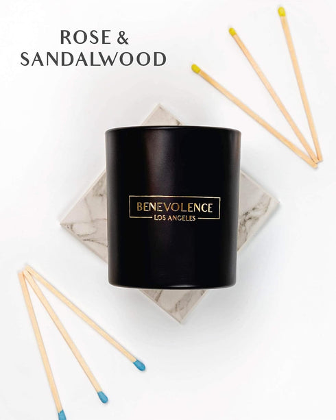 Rose & Sandalwood Scented Candle by Benevolence LA | 8oz Soy Candle, Black Home Fragrance | Gifts for Women and Men
