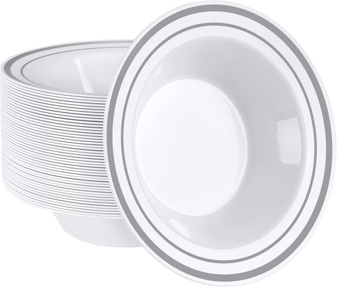 SETUP 12 oz. Disposable Plastic Soup Bowls, 50 Piece with Silver Rim - Heavy-Duty for Party, Wedding, and Occasions