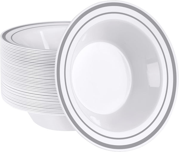 SETUP 12 oz. Disposable Plastic Soup Bowls, 50 Piece with Silver Rim - Heavy-Duty for Party, Wedding, and Occasions