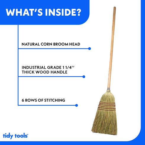 Corn Broom with Wood Handle, Heavy Duty Indoor Outdoor Broom with 1 1/4 Inch Handle
