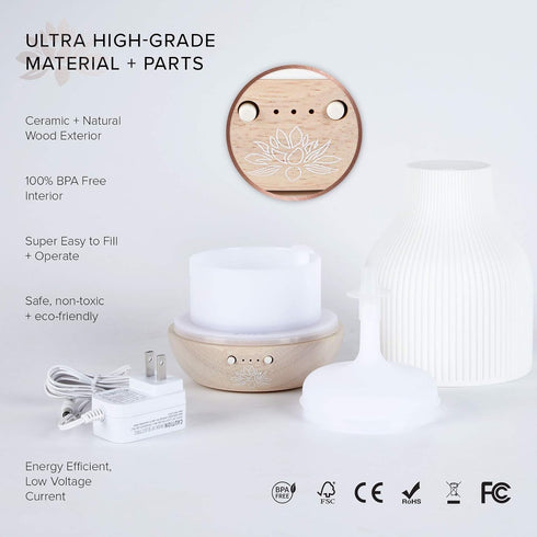 Settings Sacred Lotus Love Ceramic Essential Oil Diffuser Ultrasonic Aroma Diffuser with Wood Base, Ambient LED Light