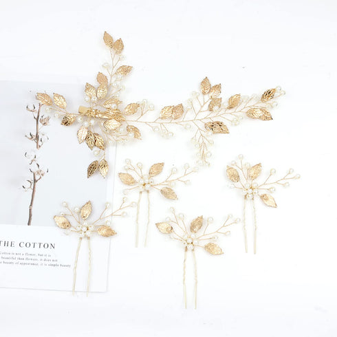 inSowni 5 Pack Gold Pearls Leaf Hair Pins, Wedding Bridal Alligator Leaves Hair Clips for Women Girls