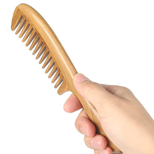 Onedor Handmade 100% Natural Green Sandalwood Hair Combs - Anti-Static Wooden Wide Tooth Detangler Comb
