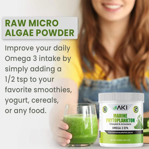 AKI Marine Phytoplankton Powder - Source of Raw Omega-3 EPA Micro Algae for Overall Wellness, Vegan & GMO Free (2 Oz /