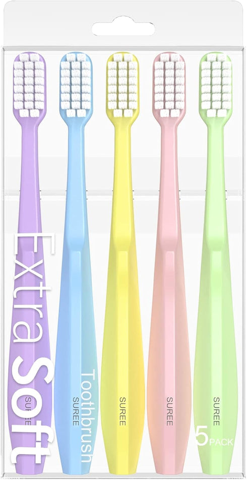 SUREE Extra Soft Toothbrush for Sensitive Teeth and Gums, 5 Pack with 10000 Micro Nano Bristles for Adults