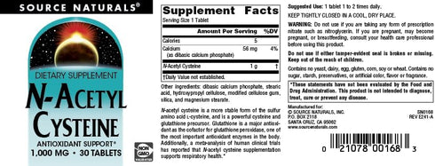 Source Naturals N-Acetyl Cysteine, 1000 mg Dietary Supplement, 30 Tablets - Antioxidant Support for Respiratory Health