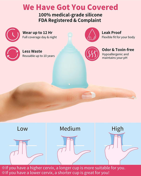 Set 2, Reusable Menstrual Cup (Small & Large Size) of Soft Silicone, Low or High Cervix, Safe Period Cup, Heavy & Light