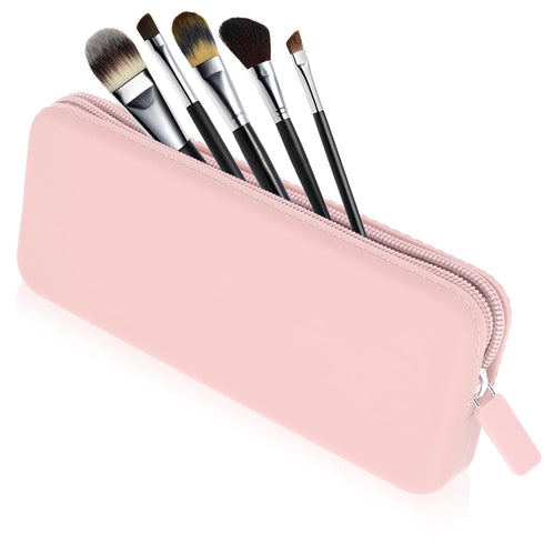Sakolla Travel Makeup Brush Holder, Silicone Makeup Brush Bag with Zipper Closure for Daily Essentials (Pink)