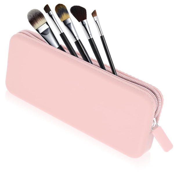 Sakolla Travel Makeup Brush Holder, Silicone Makeup Brush Bag with Zipper Closure for Daily Essentials (Pink)
