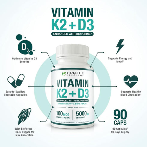 Max Absorption Vitamin K2 + D3 (5000IU) 90 Veggie Capsules from MK-7 (Menaquinone-7) and Cholecalciferol (with BioPerine) 3-Months Supply – D3 with K2 for Healthy Heart and Strong Bones | Non-GMO