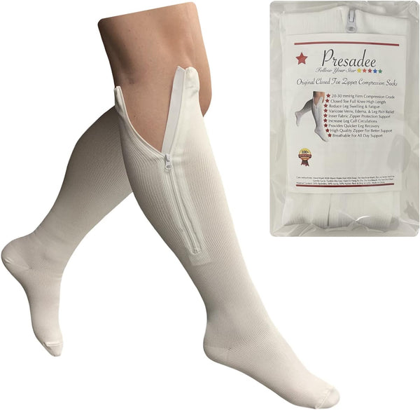 Original White 20-30 mmHg Firm Compression Leg Zipper Closed Toe Socks (2X-Large)