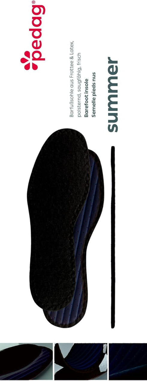 Pedag Summer Terry Cotton Sockless Insoles - Barefoot Insert, Washable, US Men 11/EU 44, Black