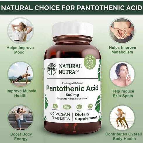 Natural Nutra Time Release Pantothenic Acid 500 mg, Vitamin B5 Supplement, 60 Vegetarian Tablets