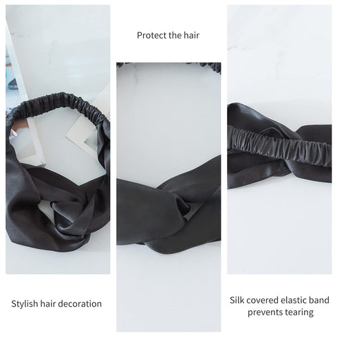ZIMASILK 100% Mulberry Silk Headband, Elastic Twisted Hair Wrap Accessory for Women (Black)