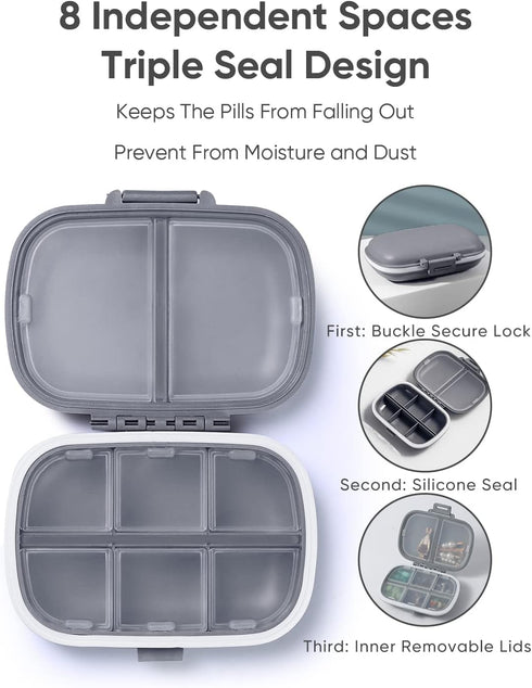 Holii Travel Pill Organizer - Gray Portable Pill Case with 8 Compartments for Daily Vitamins and Medicine