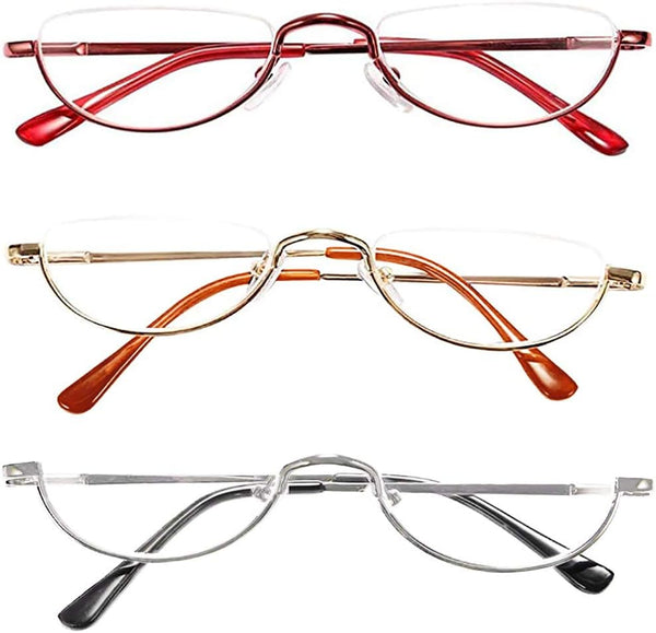 REAVEE 3 Pack Half Frame Retro Designer Alloy Reading Glasses, Stylish Slim Eyeglasses for Women Men, Red Gold Silver