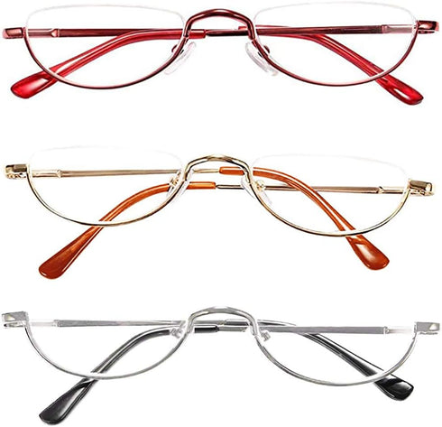 REAVEE 3 Pack Half Frame Retro Designer Reading Glasses - Stylish Slim Eyeglasses with Pouch, Red Gold Silver 2.0