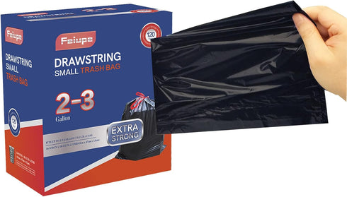 2-3 Gallon Drawstring Trash Bag, Small Garbage Bag Liner for 2-3 Gallon Trash Bin, Black