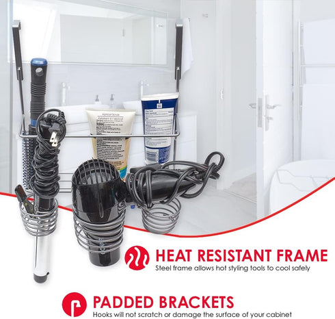 Home Basics 4 Compartment Over the Cabinet Hair Care and Styling Tool: Multi-Purpose Bath Accessory, Chrome