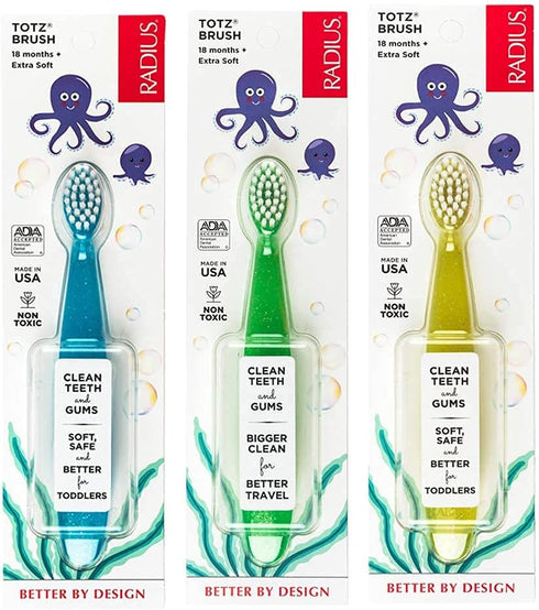 RADIUS Children's Toothbrush Totz Brush - Extra Soft Bristles, Blue/Green/Yellow, BPA Free, Pack of 3