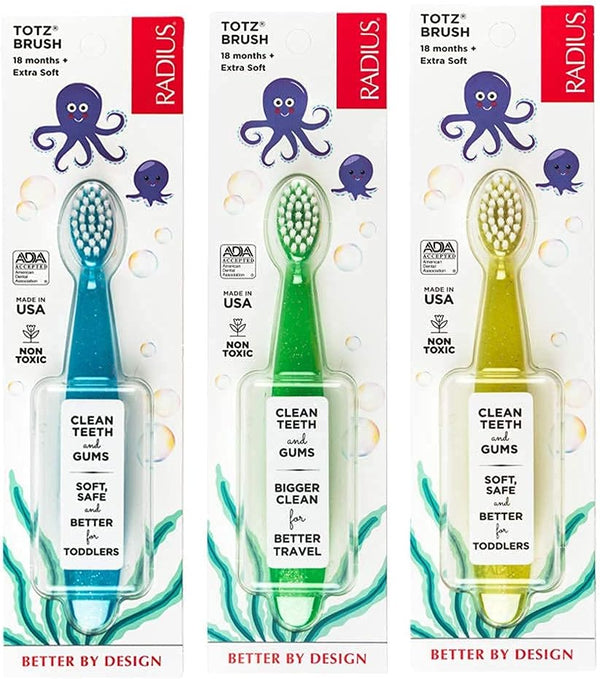 RADIUS Children's Toothbrush Totz Brush - Extra Soft Bristles, Blue/Green/Yellow, BPA Free, Pack of 3