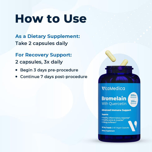 VitaMedica Bromelain & Quercetin Supplement, 500mg Bromelain, 250mg Quercetin, 60 Vegan Capsules for Immunity & Recovery