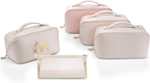 Vlando Travel Makeup Bag, White PU Leather Portable Organizer with Divider and Handle, Toiletry Bag for Women