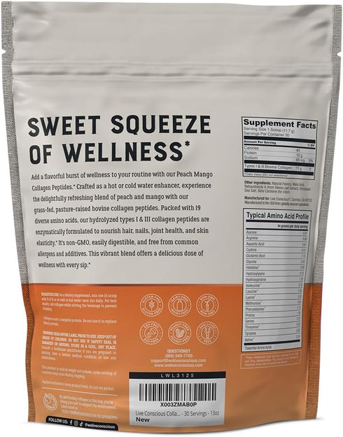 Live Conscious Collagen Peptides Powder - Peach Mango Flavored for Hair, Skin, Nail, & Joint Support, 30 Servings