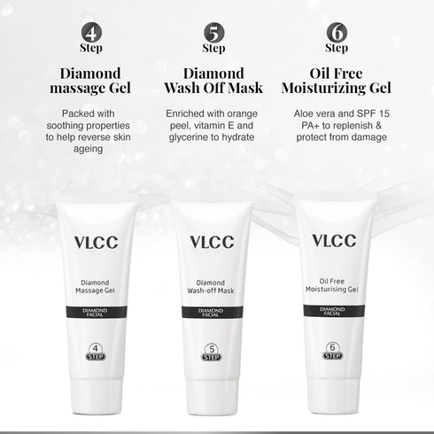 VLCC Party Diamond Facial Kit - Single Use, Salon-Like Facial at Home in 6 Steps, Includes Cleanser, Scrub, Cream, Face