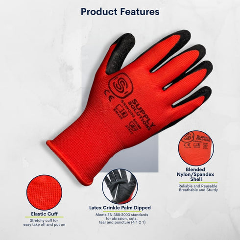 13 Gauge Polyester Shell with Latex Crinkle Palm Dipped Safety Work Gloves, 12 Pairs for Landscaping, XXL