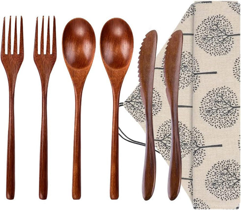 Wooden Spoon Fork Knife Eating Flatware Set - Portable Utensil Set with Case, Reusable Wooden Cutlery, 2 Spoons, 2