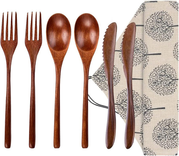 Wooden Spoon Fork Knife Eating Flatware Set - Portable Utensil Set with Case, Reusable Wooden Cutlery, 2 Spoons, 2