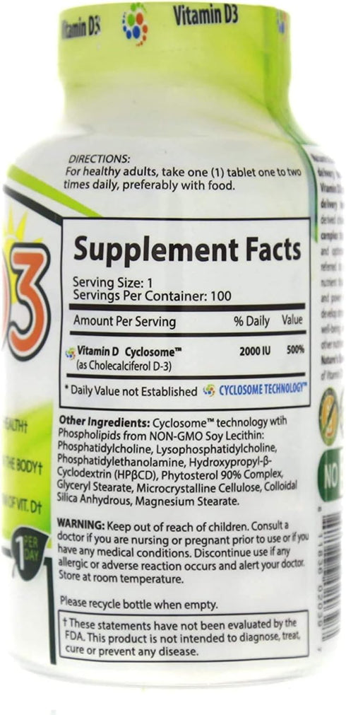 NATURE'S ESSENTIALS Vitamin D3 2000IU, Immune Support, Non-GMO, Gluten Free, Vegetarian, 100 Tablets