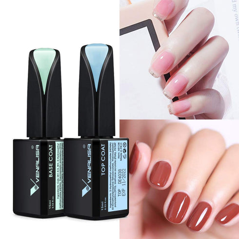 VENALISA 2 Pcs 15ml Gel Nail Polish Base and Top Coat Set, No Wipe High Gloss Long Lasting Tempered Polish Kit