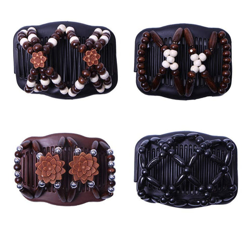 LOVEF Thick Hair Clip - Magic Wood Beads Double Hair Comb Clip, 4pcs for Popular Hairstyles
