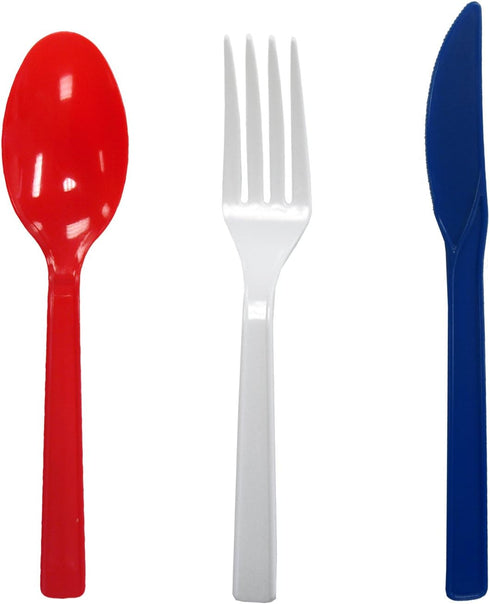 Party Essentials Patriotic Hard Plastic Combo Pack - Disposable Cutlery Sets, 51 Pieces/17 Place, Red/White/Blue